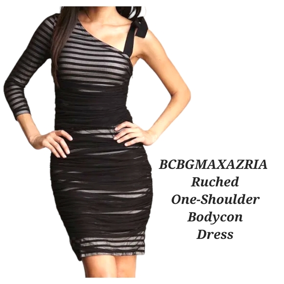 BCBGMaxAzria Dress Bodycon One-Shoulder Dress Black White Stripe Mesh Overlay XS - Picture 1 of 16